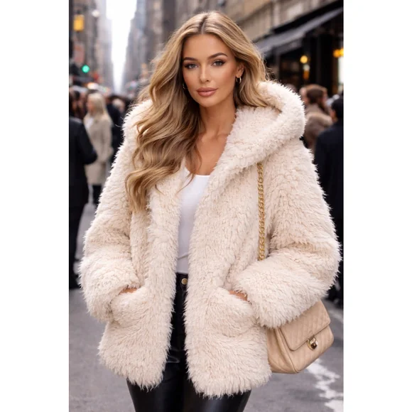 Love Tree Ivory Faux Fur Hooded Coat Quiet Luxury Feminine Parisian Eclectic S